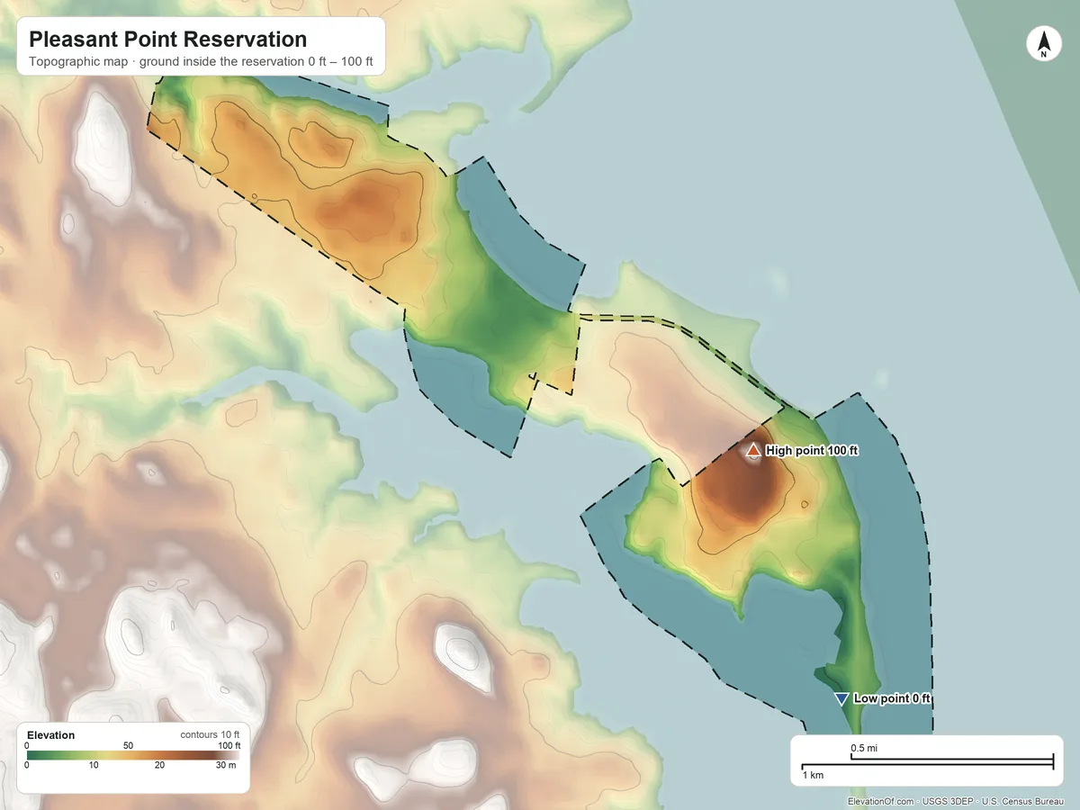 Topographic elevation map of Pleasant Point Reservation, Maine, shaded from 0 ft on the southeast side to 100 ft on the east side