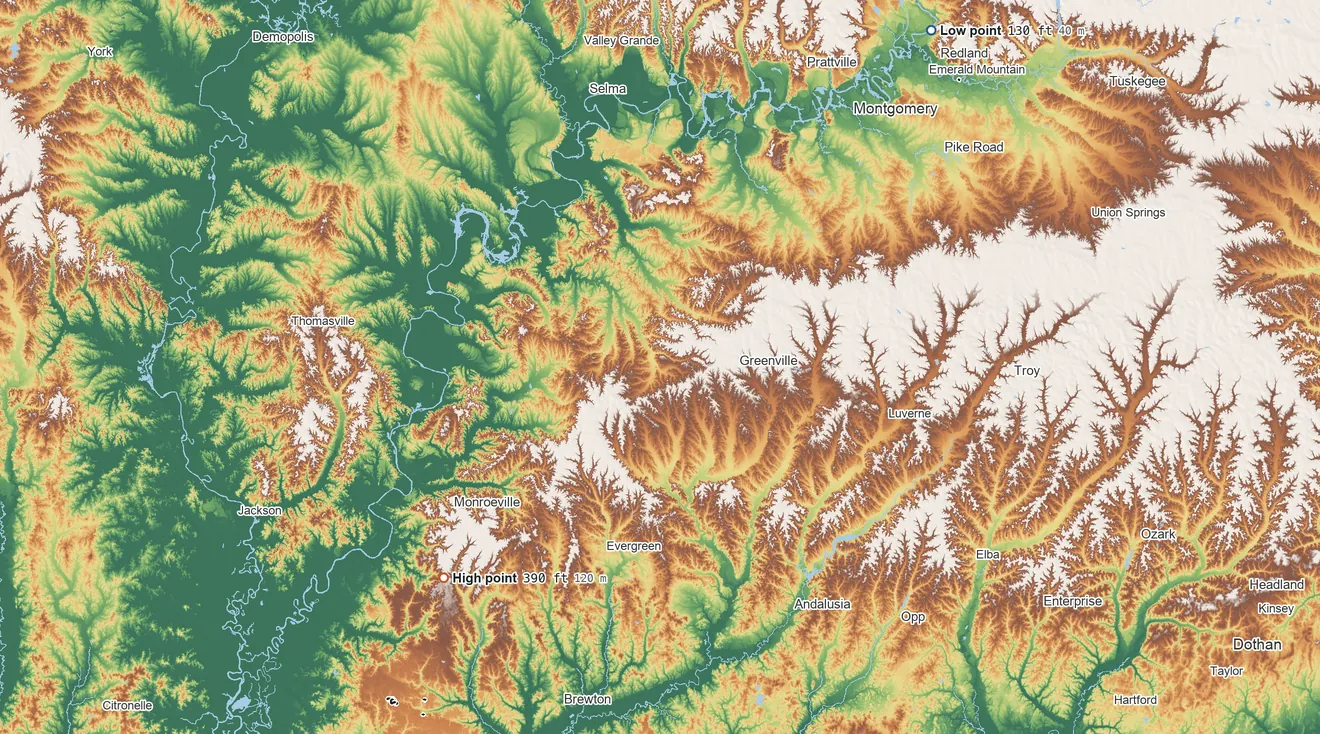 Topographic elevation map of Poarch Creek Reservation, Alabama, shaded from 130 ft on the northeast side to 390 ft on the southwest side