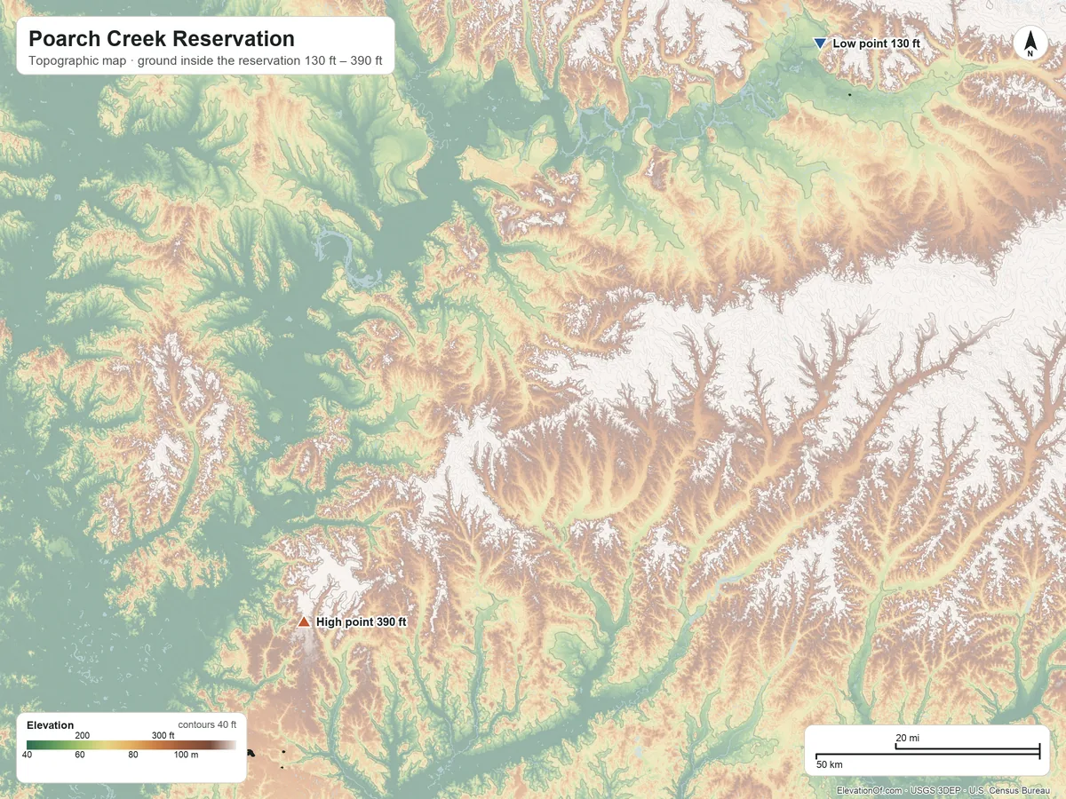 Topographic elevation map of Poarch Creek Reservation, Alabama, shaded from 130 ft on the northeast side to 390 ft on the southwest side