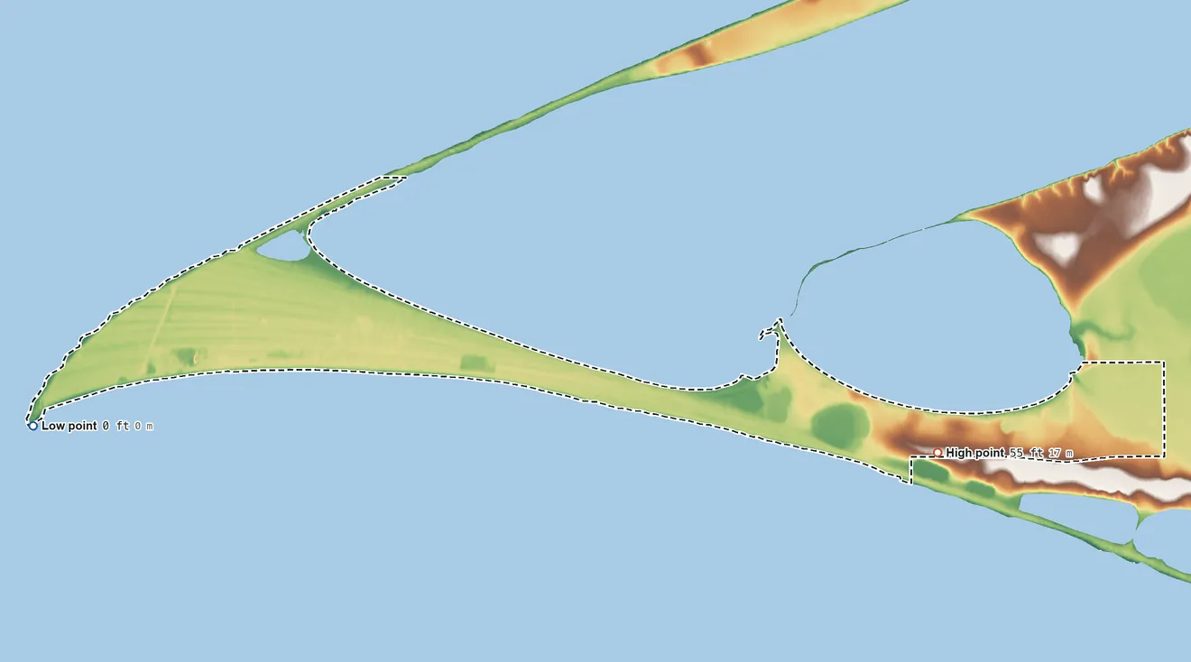Topographic elevation map of Point Hope ANVSA, Alaska, shaded from sea level on the Chukchi Sea to 55 ft on the east side