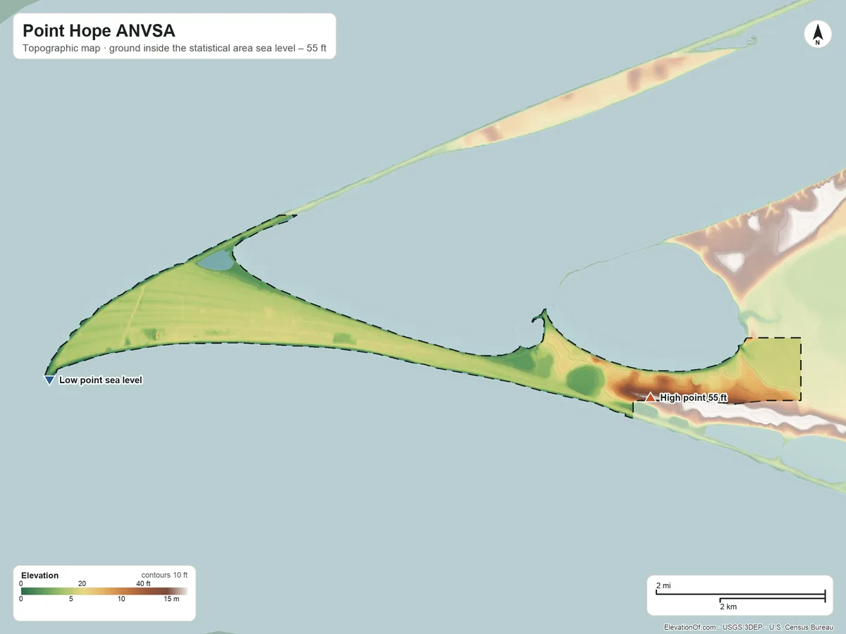 Topographic elevation map of Point Hope ANVSA, Alaska, shaded from sea level on the Chukchi Sea to 55 ft on the east side
