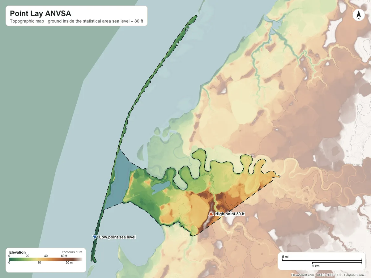 Topographic elevation map of Point Lay ANVSA, Alaska, shaded from sea level on the Chukchi Sea to 80 ft on the south side