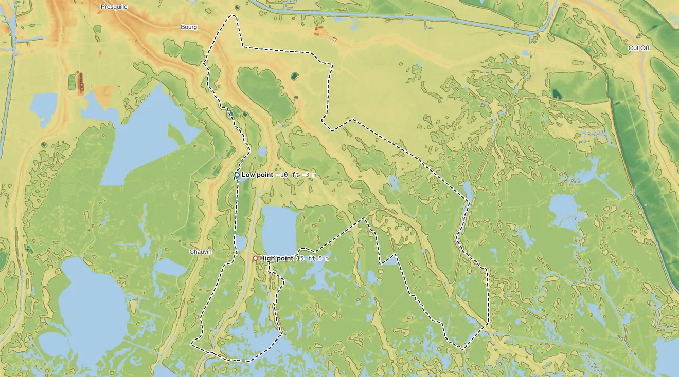 Topographic elevation map of Pointe-au-Chien SDTSA, Louisiana, shaded from 10 ft below sea level on the west side to 15 ft on the southwest side