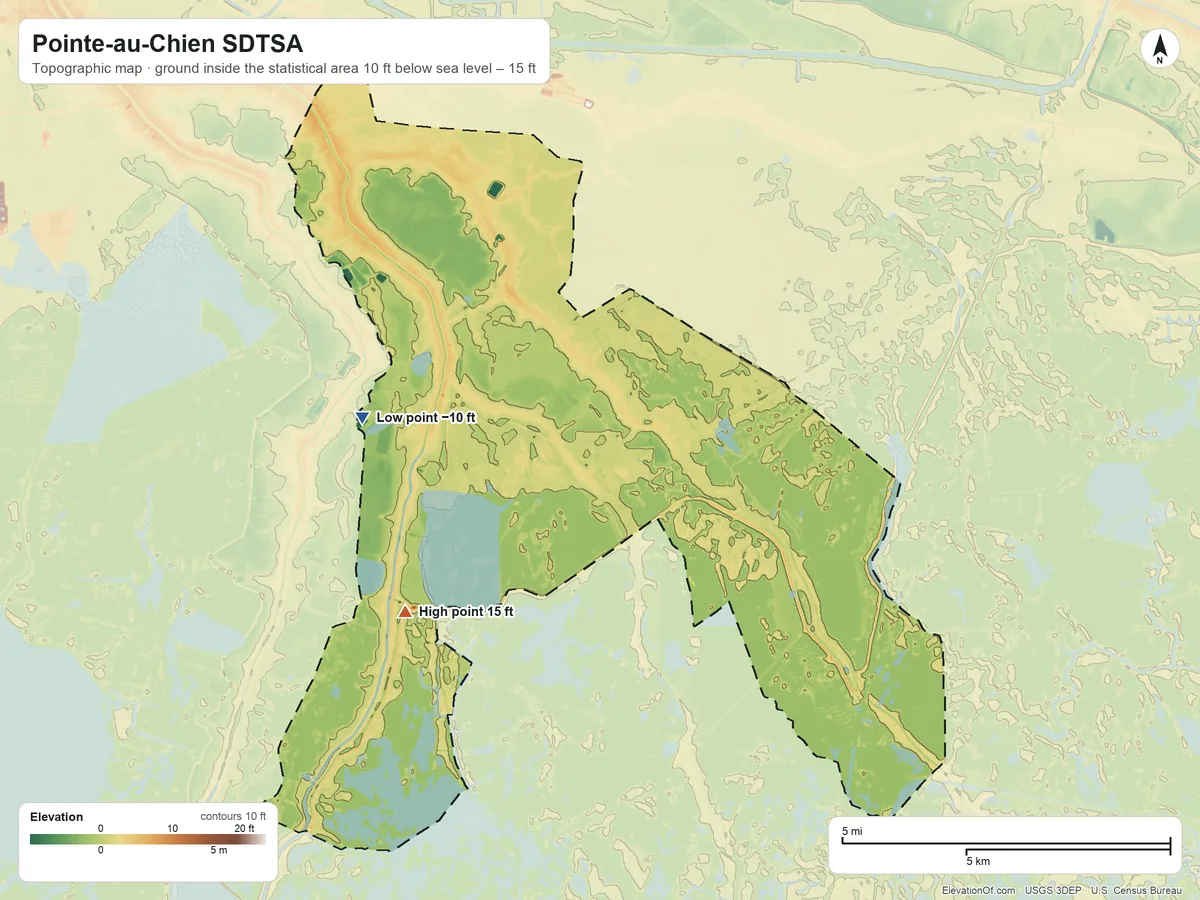 Topographic elevation map of Pointe-au-Chien SDTSA, Louisiana, shaded from 10 ft below sea level on the west side to 15 ft on the southwest side
