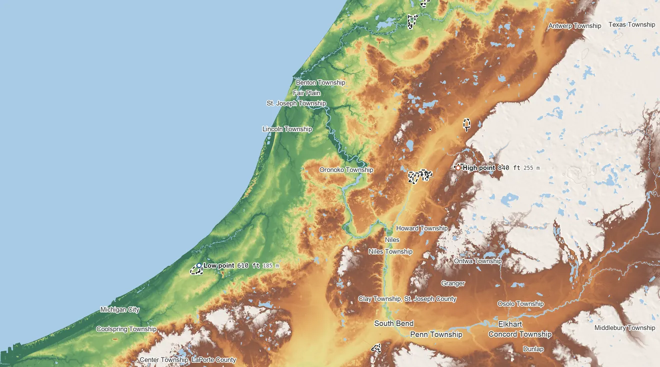 Topographic elevation map of Pokagon Reservation, Michigan, shaded from 610 ft on the southwest side to 840 ft on the east side