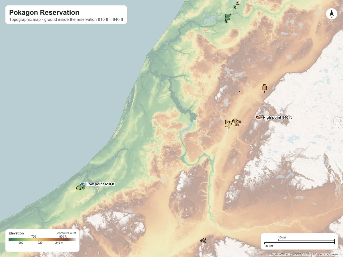 Topographic elevation map of Pokagon Reservation, Michigan, shaded from 610 ft on the southwest side to 840 ft on the east side