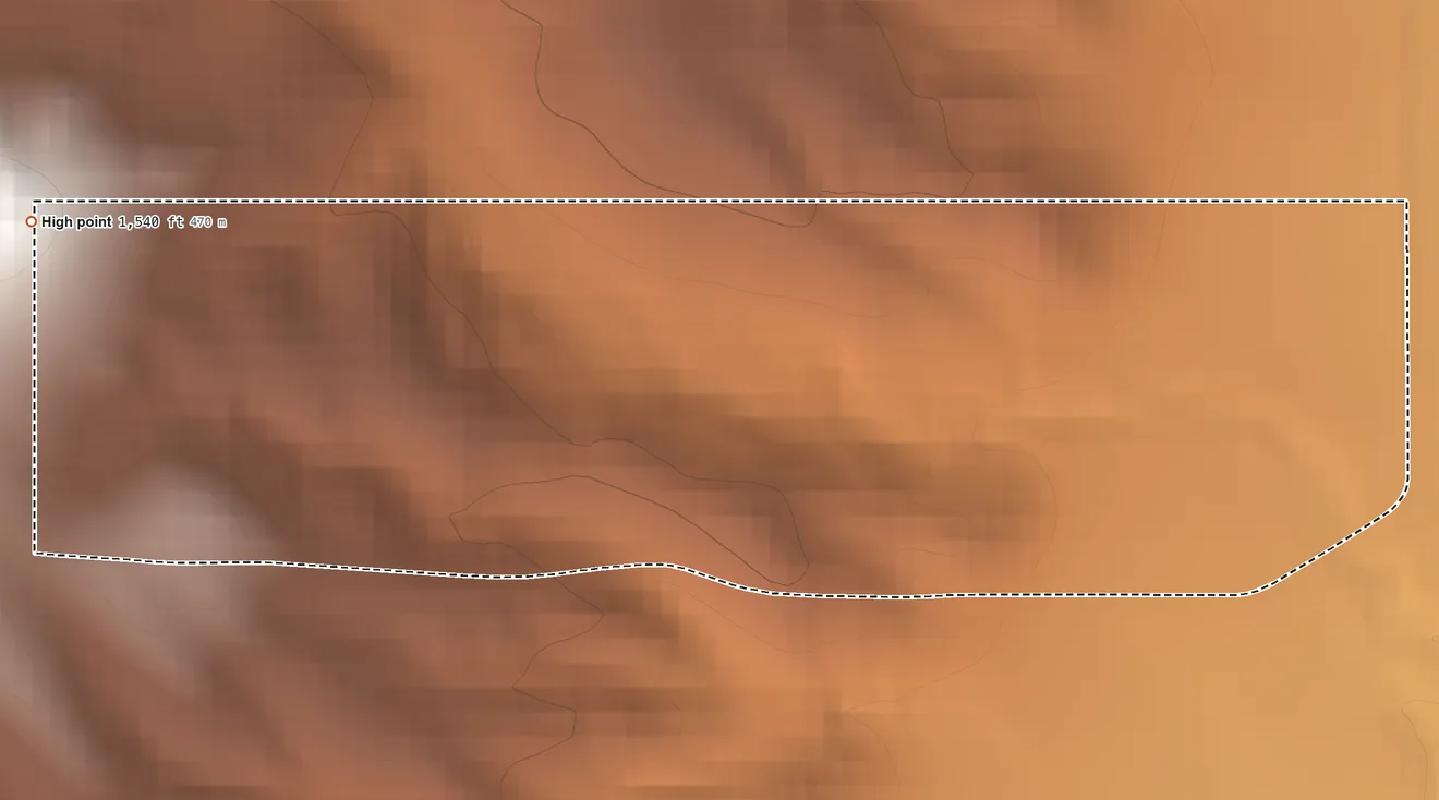Topographic elevation map of Ponca (NE) Trust Land, Nebraska, shaded from 980 ft on the southeast side to 1,540 ft on the west side