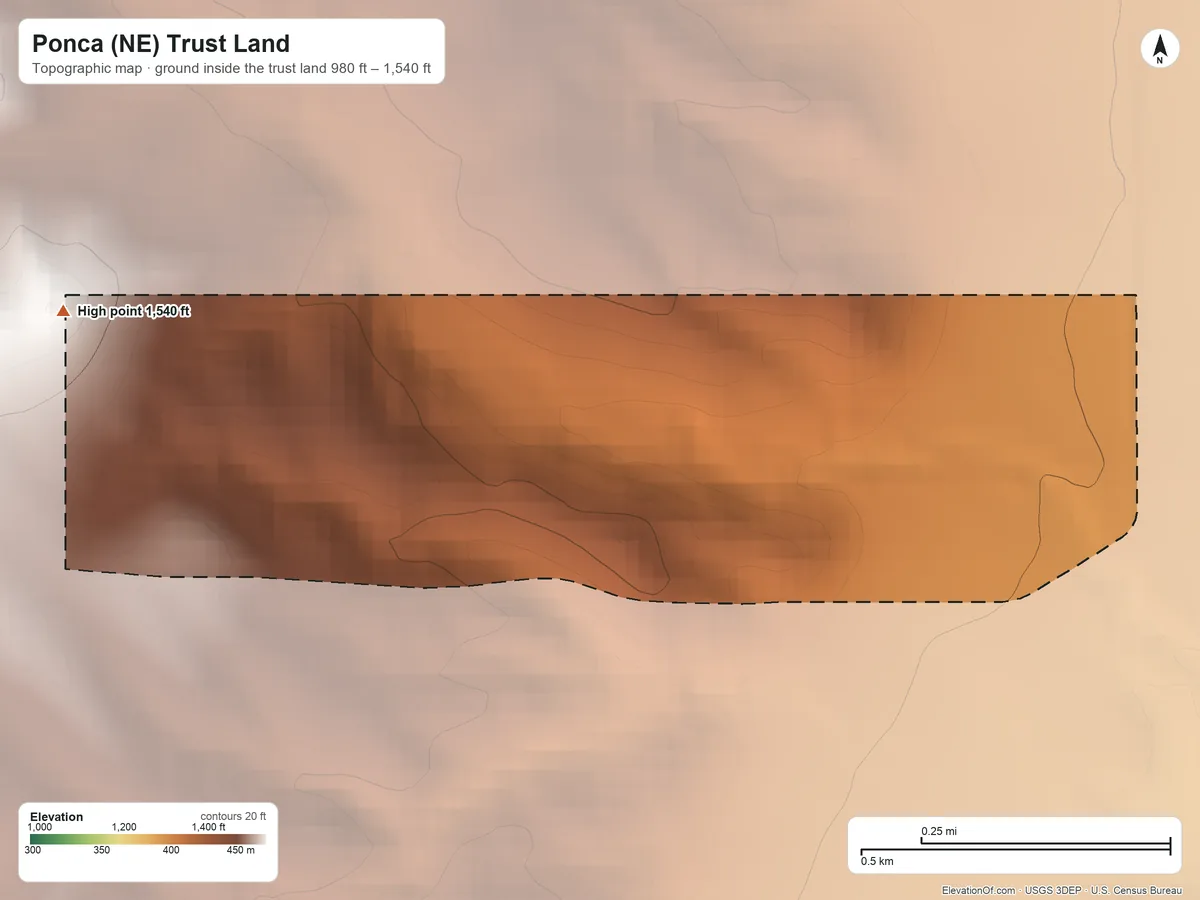 Topographic elevation map of Ponca (NE) Trust Land, Nebraska, shaded from 980 ft on the southeast side to 1,540 ft on the west side