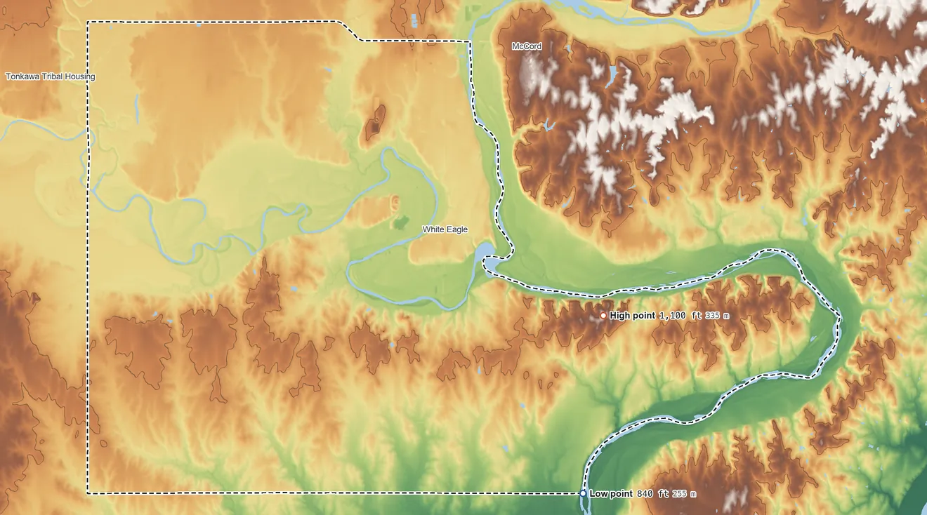 Topographic elevation map of Ponca OTSA, Oklahoma, shaded from 840 ft on the southeast side to 1,100 ft on the east side