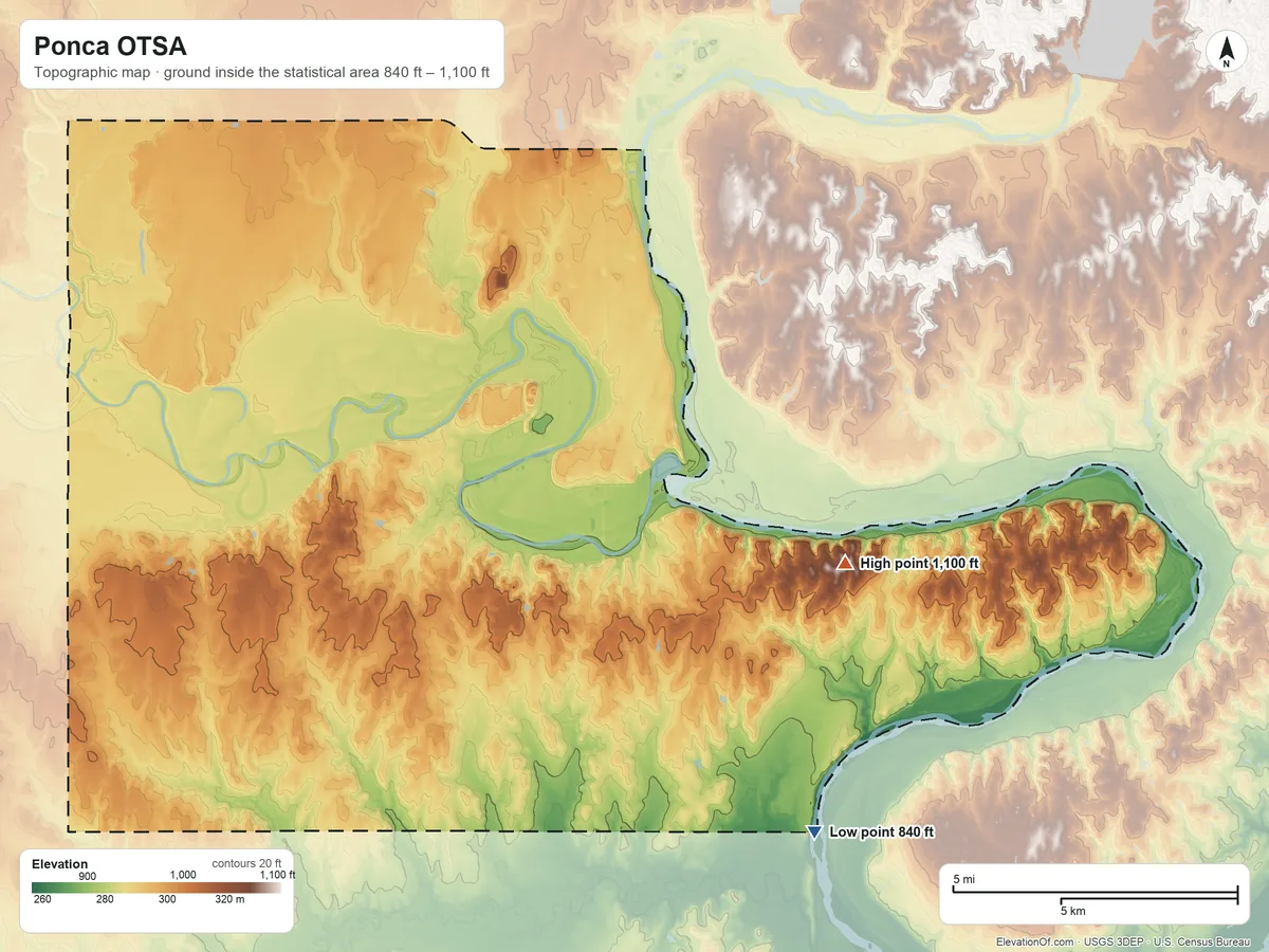 Topographic elevation map of Ponca OTSA, Oklahoma, shaded from 840 ft on the southeast side to 1,100 ft on the east side