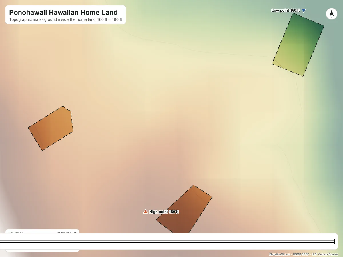 Topographic elevation map of Ponohawaii Hawaiian Home Land, Hawaii, shaded from 160 ft on the northeast side to 180 ft on the south side