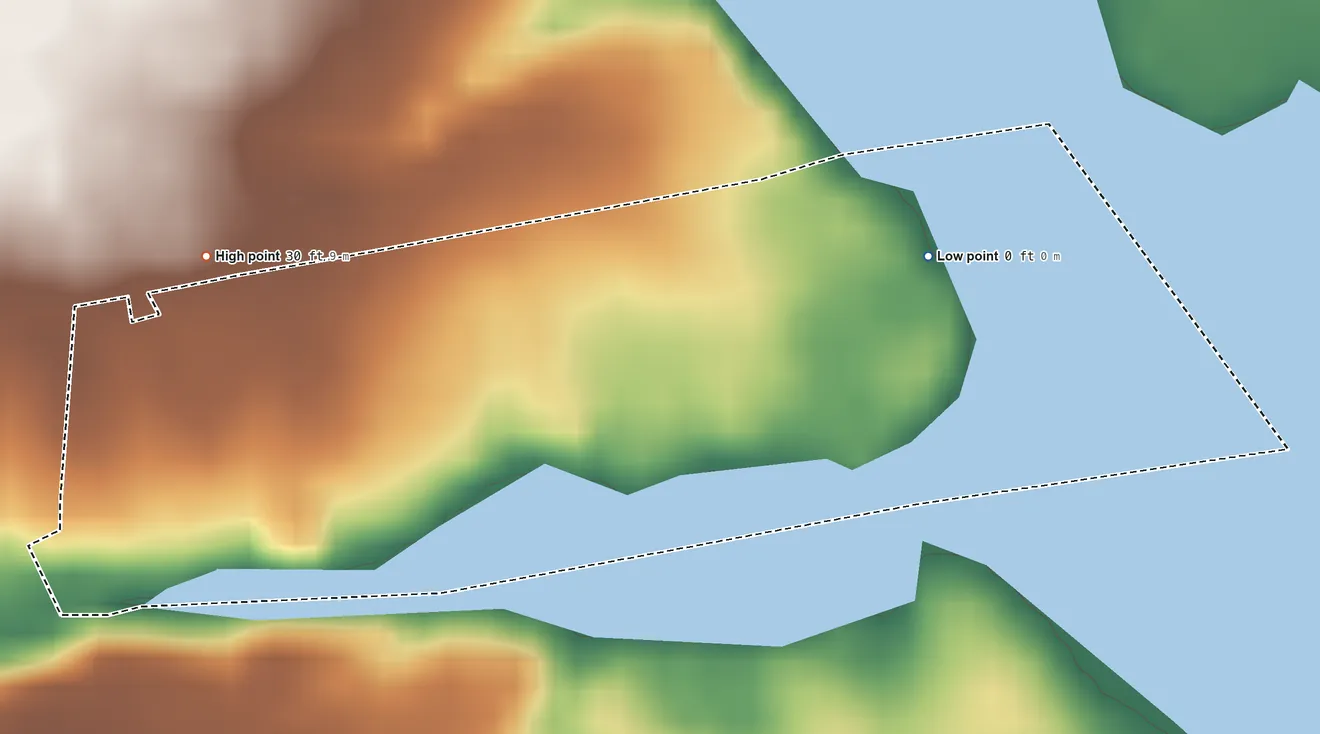 Topographic elevation map of Poospatuck (state) Reservation, New York, shaded from 0 ft on the east side to 30 ft on the west side