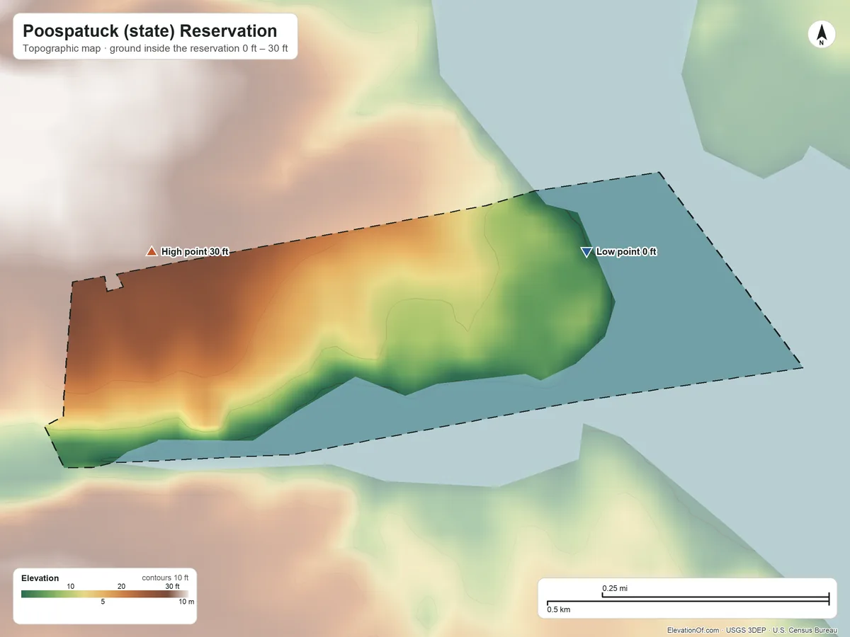 Topographic elevation map of Poospatuck (state) Reservation, New York, shaded from 0 ft on the east side to 30 ft on the west side