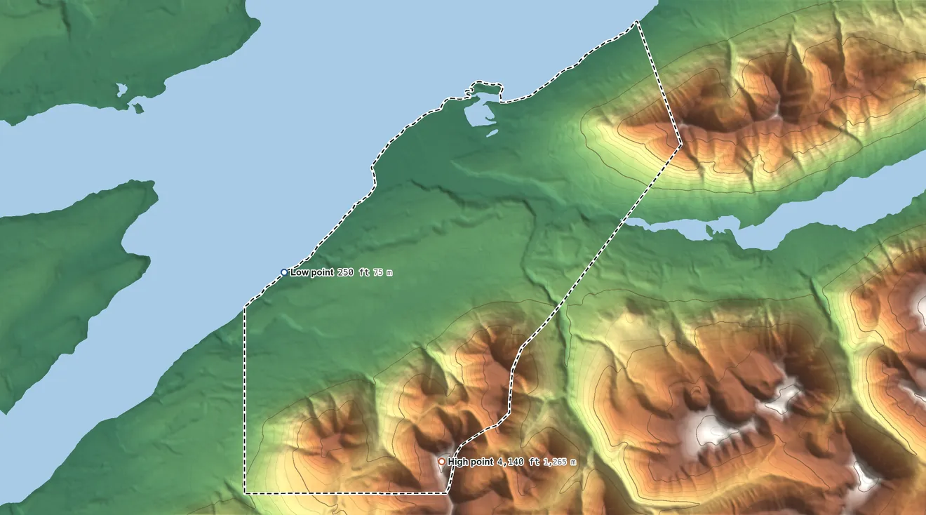 Topographic elevation map of Port Alsworth ANVSA, Alaska, shaded from 250 ft on the west side to 4,140 ft on the south side