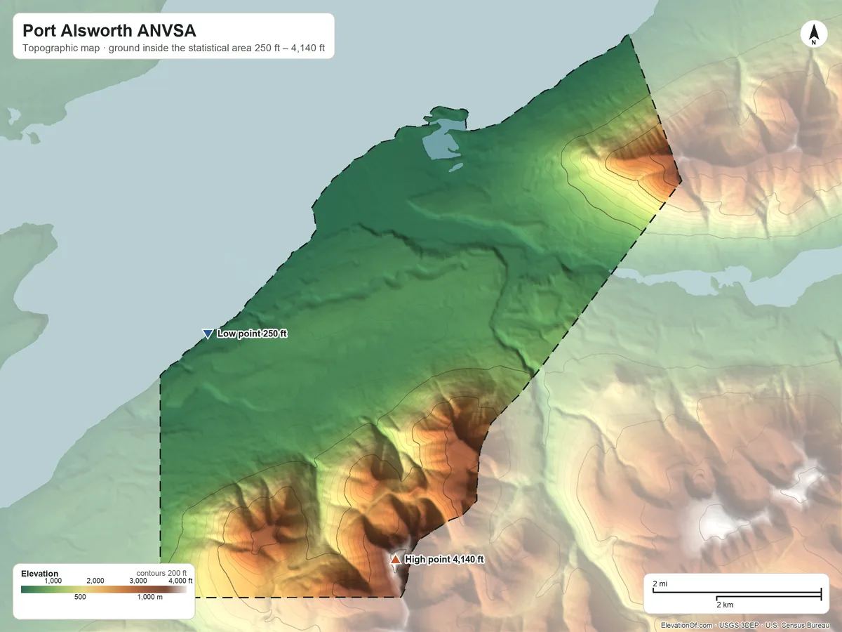 Topographic elevation map of Port Alsworth ANVSA, Alaska, shaded from 250 ft on the west side to 4,140 ft on the south side