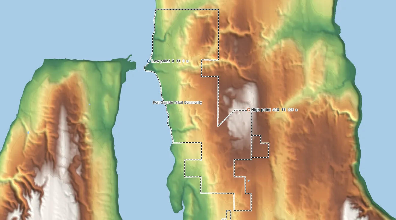 Topographic elevation map of Port Gamble Reservation, Washington, shaded from sea level on Hood Canal to 410 ft on the east side