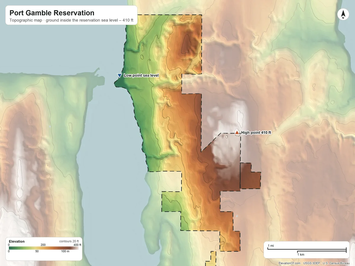 Topographic elevation map of Port Gamble Reservation, Washington, shaded from sea level on Hood Canal to 410 ft on the east side