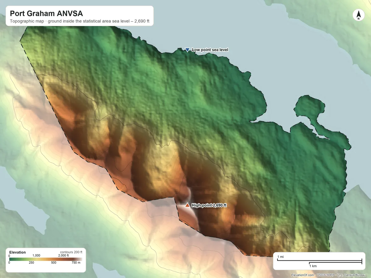 Topographic elevation map of Port Graham ANVSA, Alaska, shaded from sea level on the Port Graham to 2,690 ft on the south side