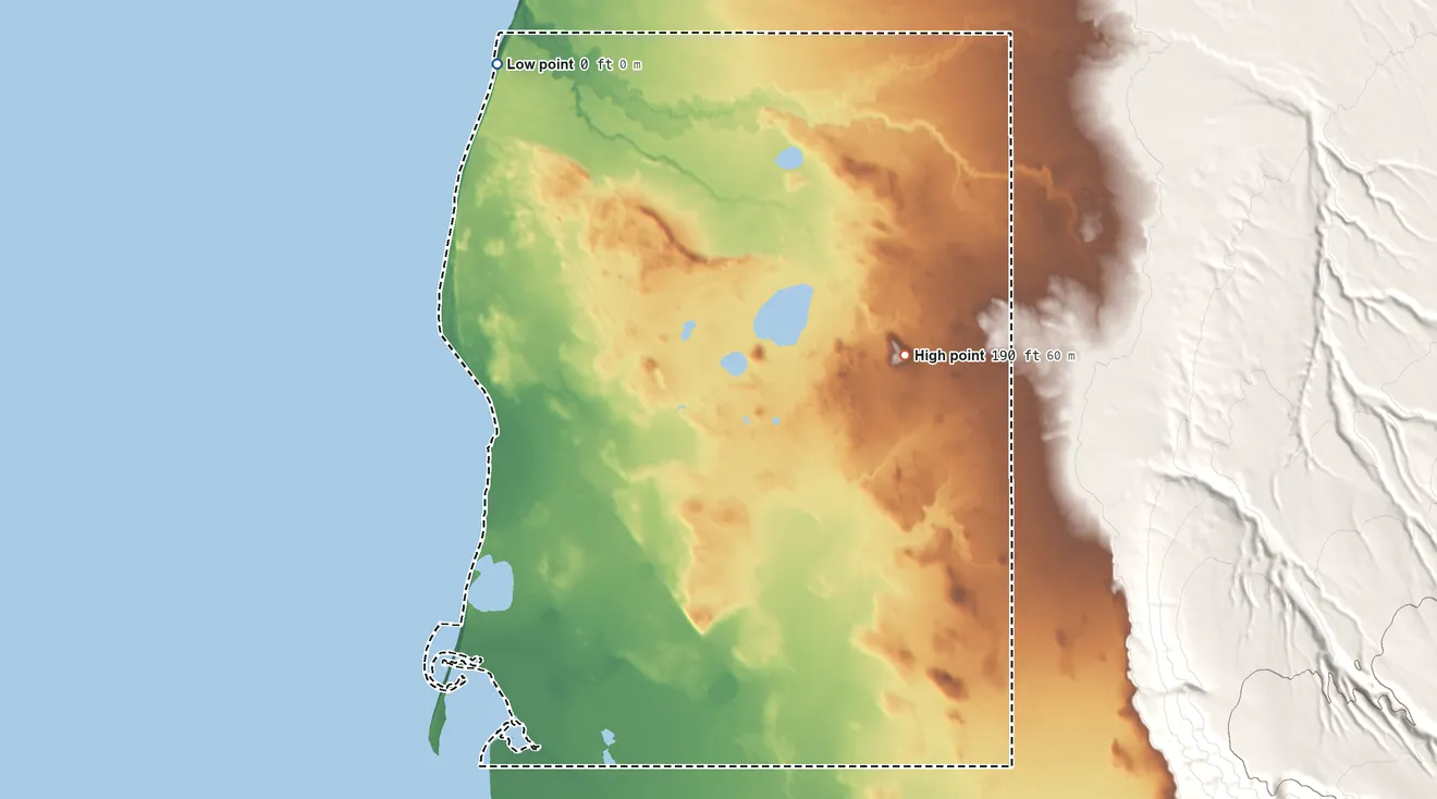 Topographic elevation map of Port Heiden ANVSA, Alaska, shaded from sea level on Bristol Bay to 190 ft on the east side