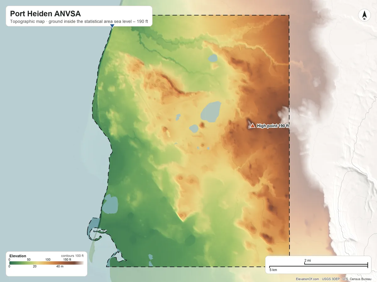 Topographic elevation map of Port Heiden ANVSA, Alaska, shaded from sea level on Bristol Bay to 190 ft on the east side