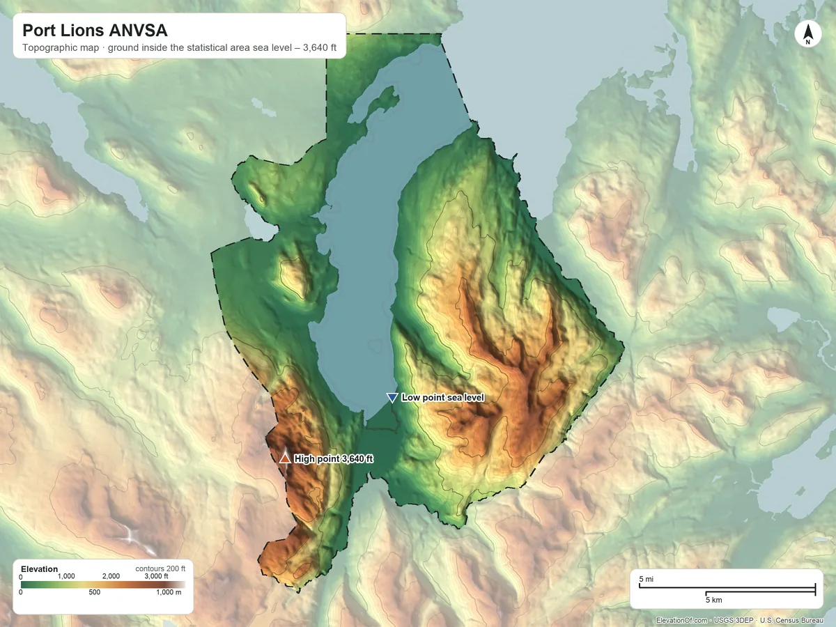 Topographic elevation map of Port Lions ANVSA, Alaska, shaded from sea level on Kizhuyak Bay to 3,640 ft on the southwest side