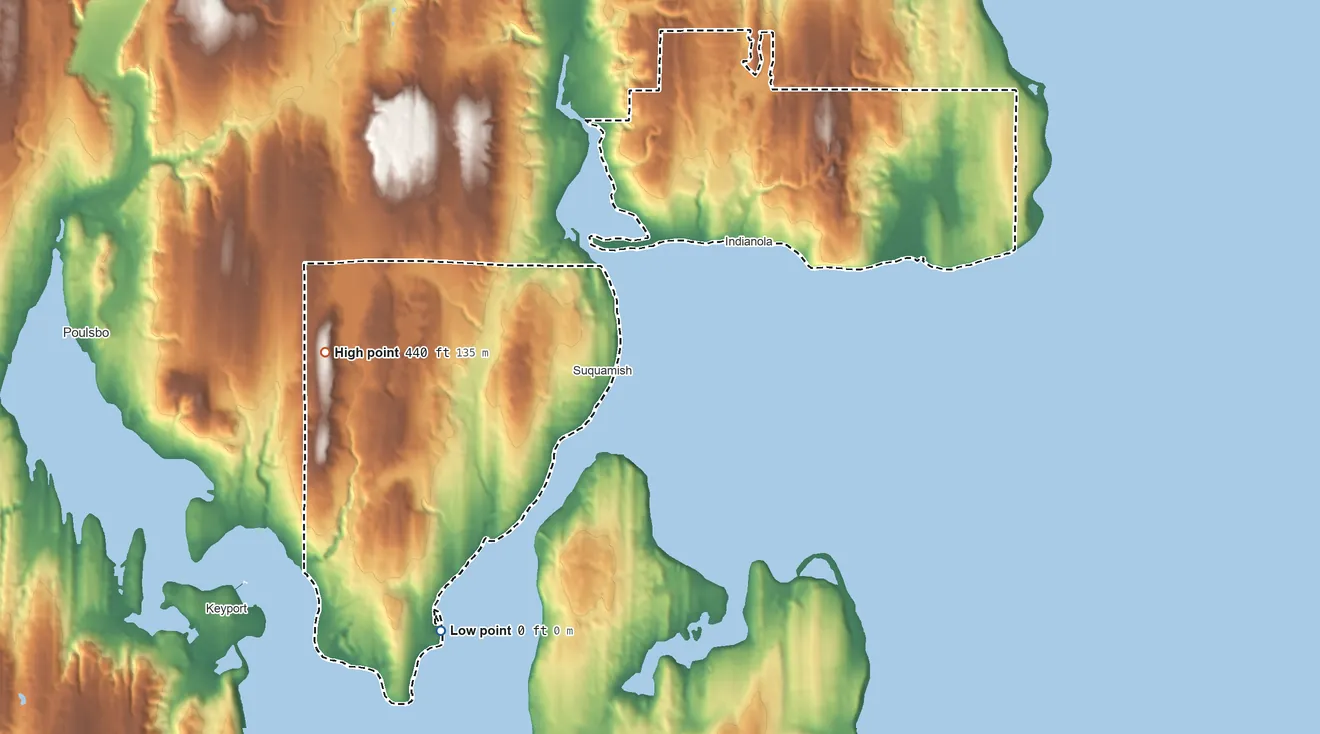 Topographic elevation map of Port Madison Reservation, Washington, shaded from sea level on the Port Orchard to 440 ft on the west side