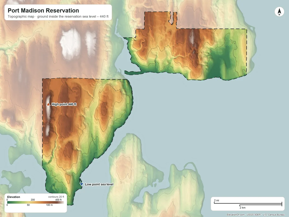 Topographic elevation map of Port Madison Reservation, Washington, shaded from sea level on the Port Orchard to 440 ft on the west side