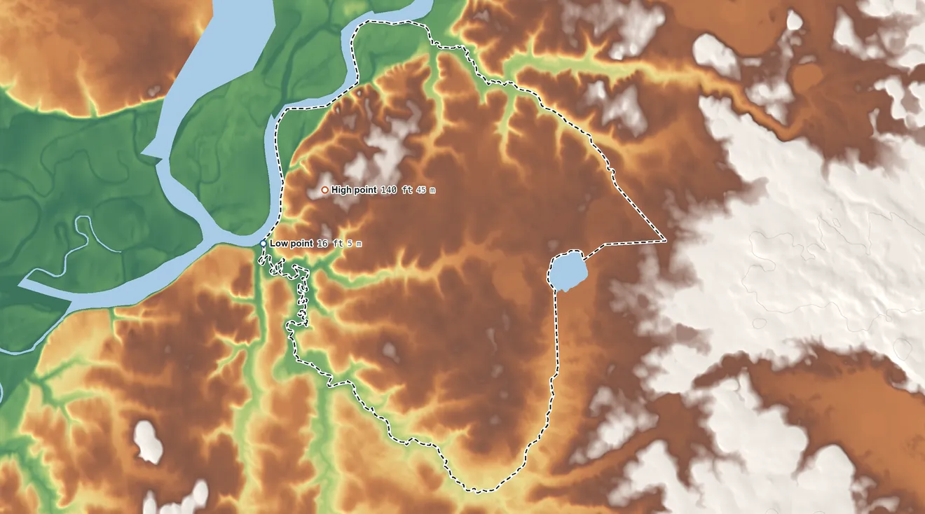 Topographic elevation map of Portage Creek ANVSA, Alaska, shaded from 16 ft on the west side to 140 ft on the northwest side