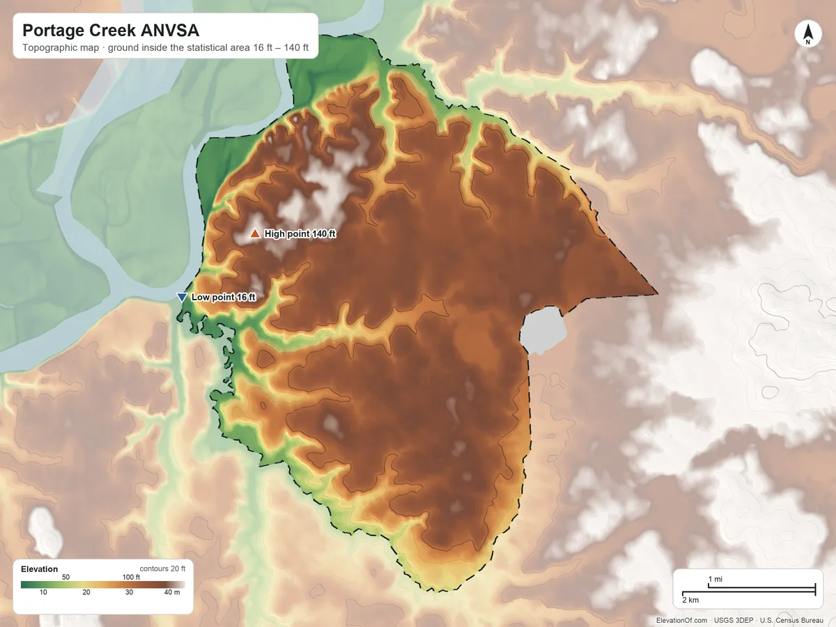 Topographic elevation map of Portage Creek ANVSA, Alaska, shaded from 16 ft on the west side to 140 ft on the northwest side