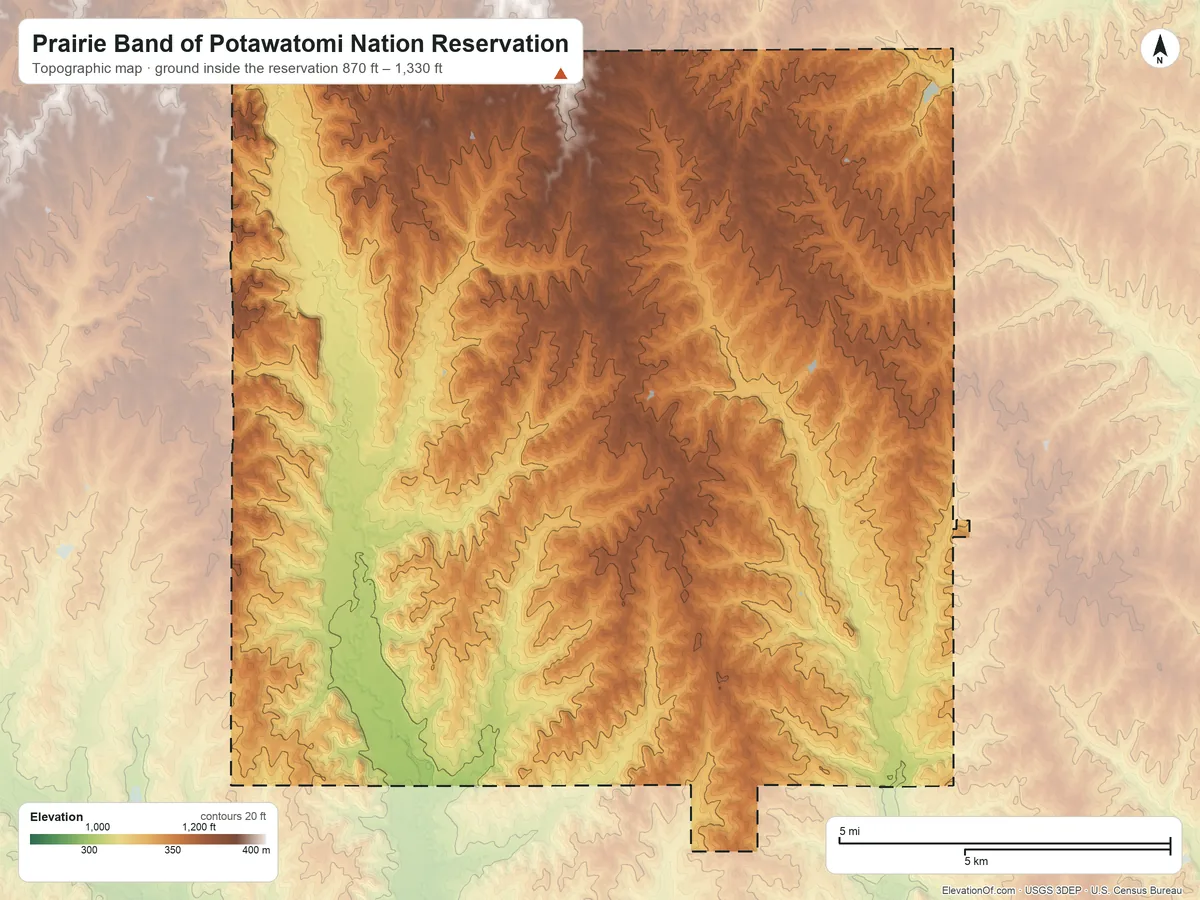 Topographic elevation map of Prairie Band of Potawatomi Nation Reservation, Kansas, shaded from 870 ft on the northeast side to 1,330 ft on the north side