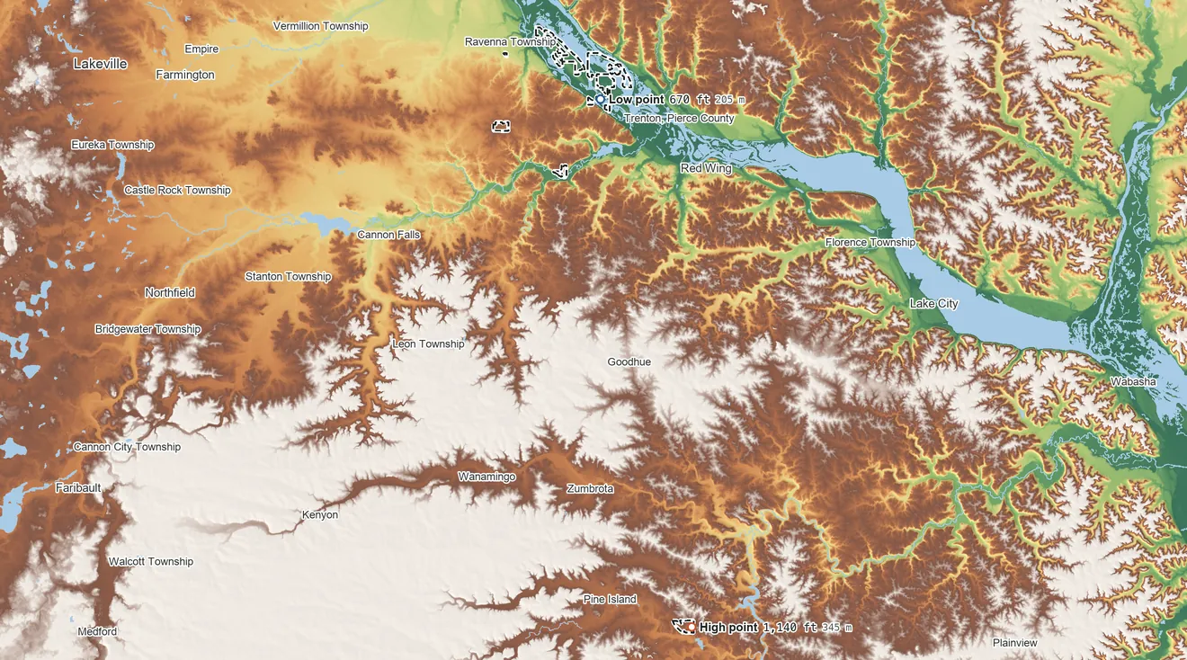 Topographic elevation map of Prairie Island Indian Community, Minnesota, shaded from 670 ft on the north side to 1,140 ft on the south side
