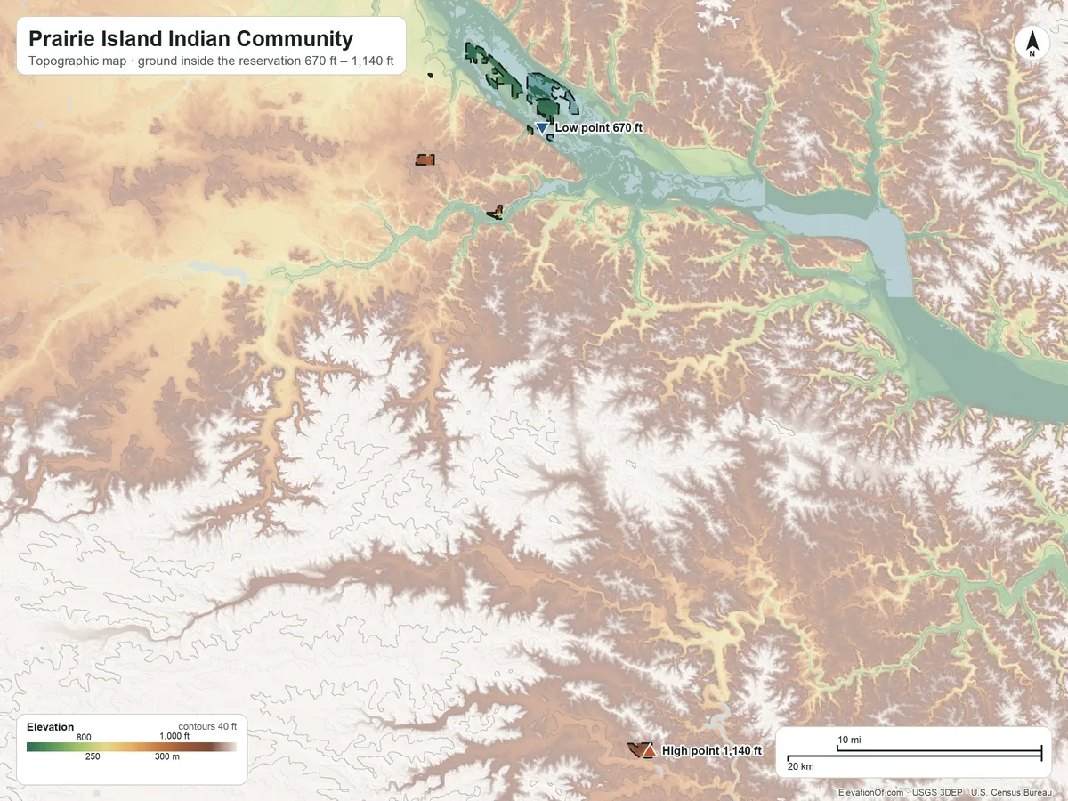 Topographic elevation map of Prairie Island Indian Community, Minnesota, shaded from 670 ft on the north side to 1,140 ft on the south side