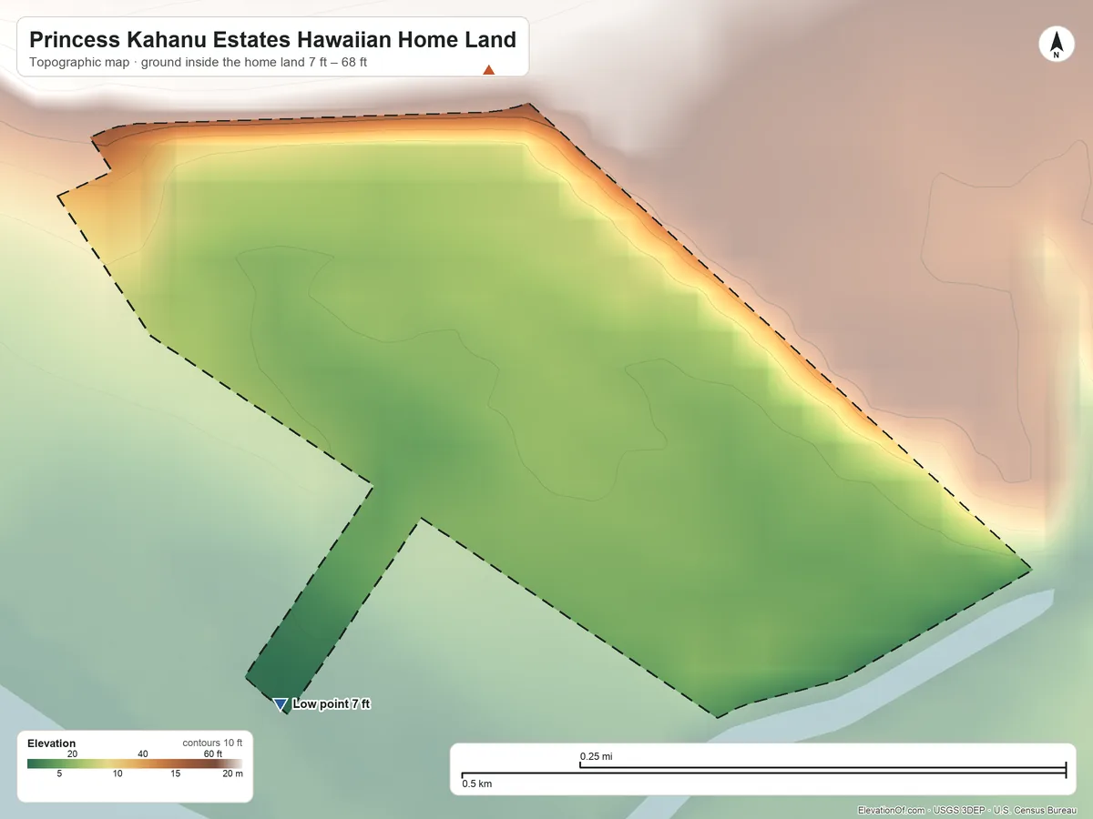 Topographic elevation map of Princess Kahanu Estates Hawaiian Home Land, Hawaii, shaded from 7 ft on the southwest side to 68 ft on the north side