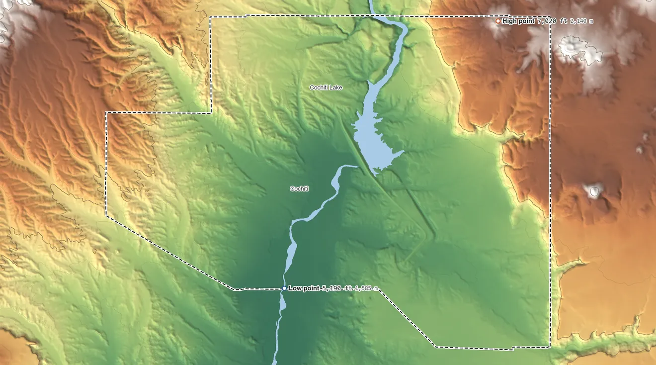 Topographic elevation map of Pueblo de Cochiti, New Mexico, shaded from 5,190 ft on the south side to 7,020 ft on the northeast side