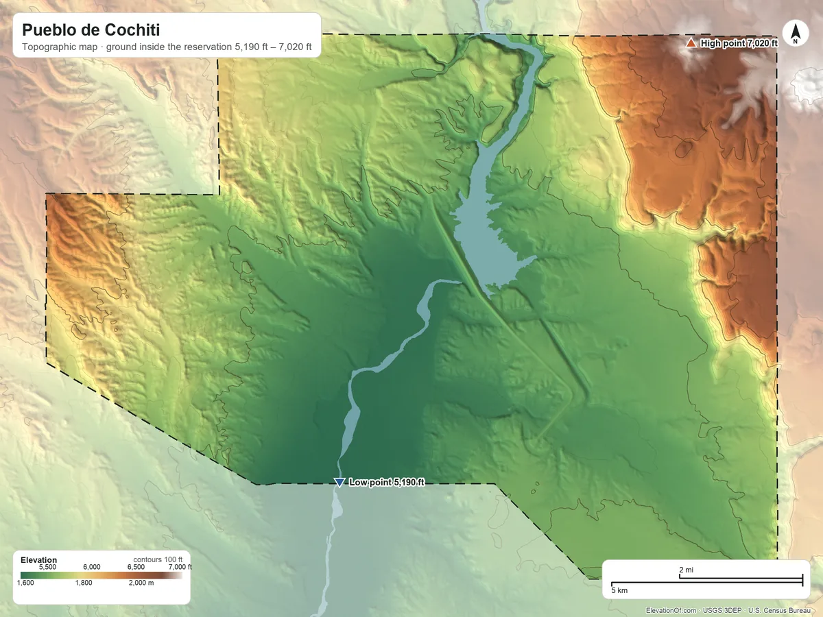 Topographic elevation map of Pueblo de Cochiti, New Mexico, shaded from 5,190 ft on the south side to 7,020 ft on the northeast side