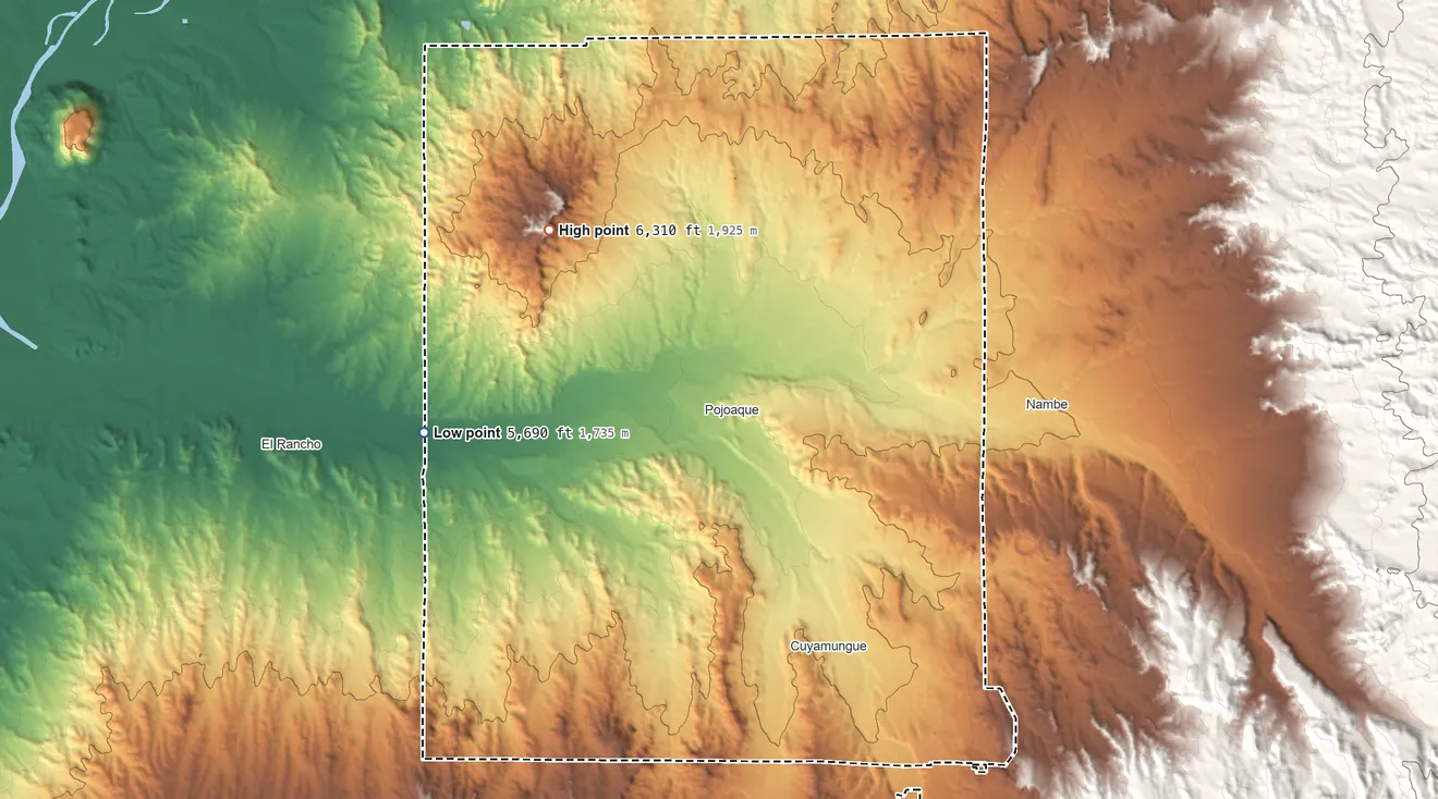 Topographic elevation map of Pueblo of Pojoaque, New Mexico, shaded from 5,690 ft on the west side to 6,310 ft on the northwest side