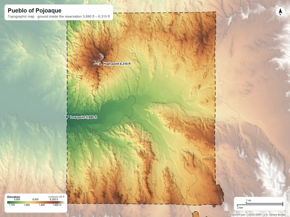 Topographic elevation map of Pueblo of Pojoaque, New Mexico, shaded from 5,690 ft on the west side to 6,310 ft on the northwest side