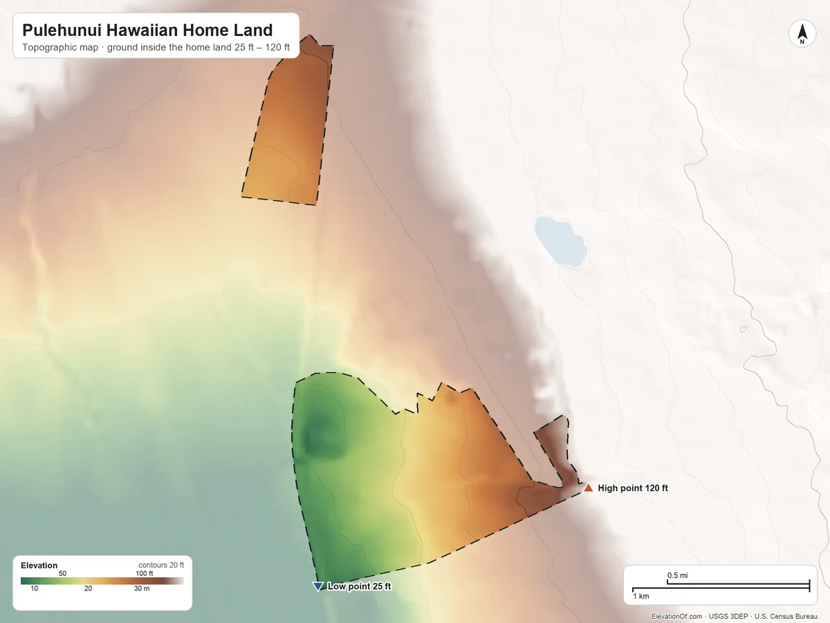 Topographic elevation map of Pulehunui Hawaiian Home Land, Hawaii, shaded from 25 ft on the south side to 120 ft on the southeast side