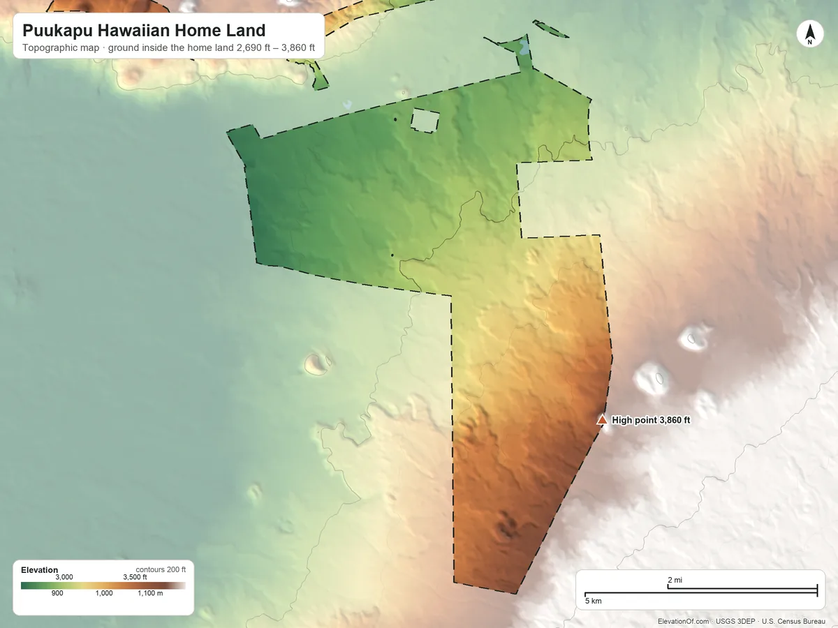 Topographic elevation map of Puukapu Hawaiian Home Land, Hawaii, shaded from 2,690 ft on the north side to 3,860 ft on the southeast side