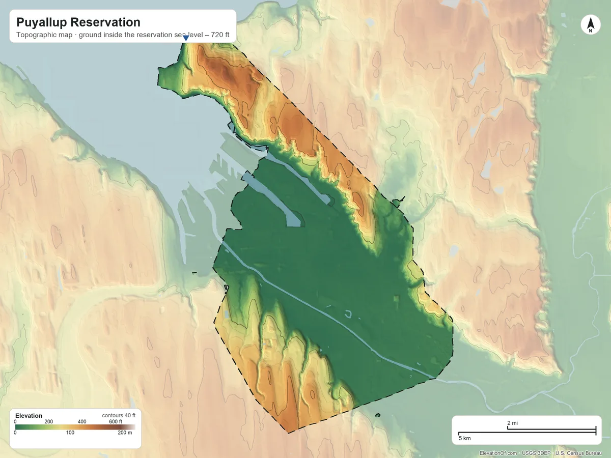 Topographic elevation map of Puyallup Reservation, Washington, shaded from sea level on Puget Sound to 720 ft on the southeast side