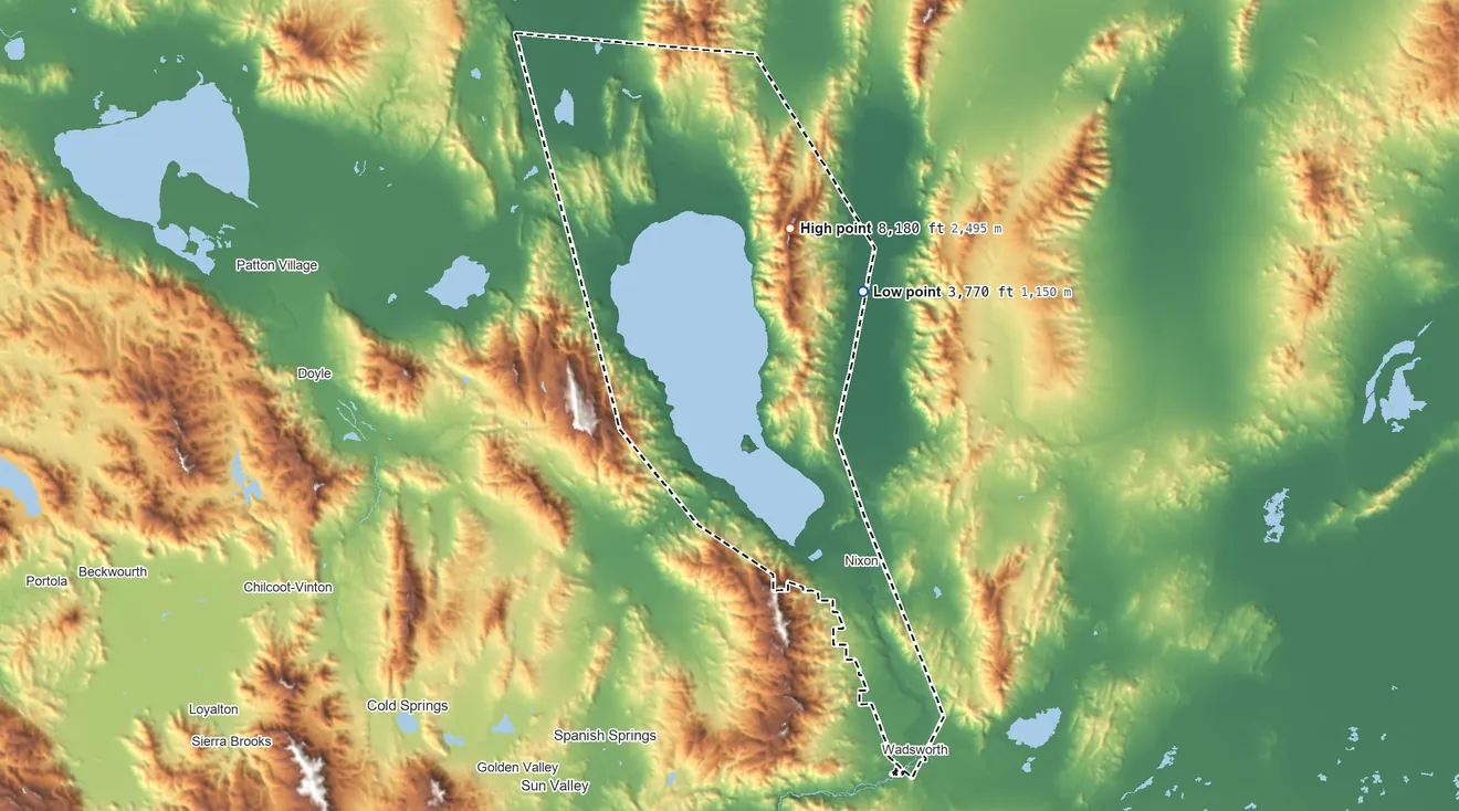 Topographic elevation map of Pyramid Lake Paiute Reservation, Nevada, shaded from 3,770 ft on the northeast side to 8,180 ft on Tohakum Peak