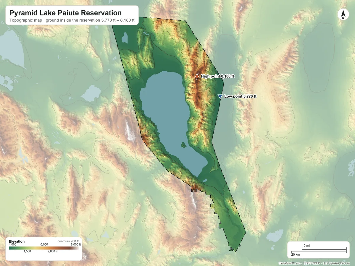 Topographic elevation map of Pyramid Lake Paiute Reservation, Nevada, shaded from 3,770 ft on the northeast side to 8,180 ft on Tohakum Peak