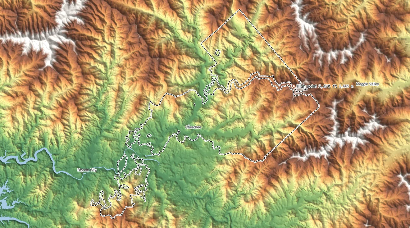 Topographic elevation map of Qualla Boundary, North Carolina, shaded from 1,500 ft on the southwest side to 5,470 ft on Bunches Bald