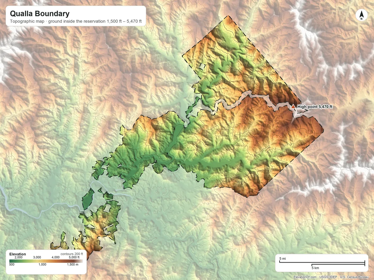 Topographic elevation map of Qualla Boundary, North Carolina, shaded from 1,500 ft on the southwest side to 5,470 ft on Bunches Bald