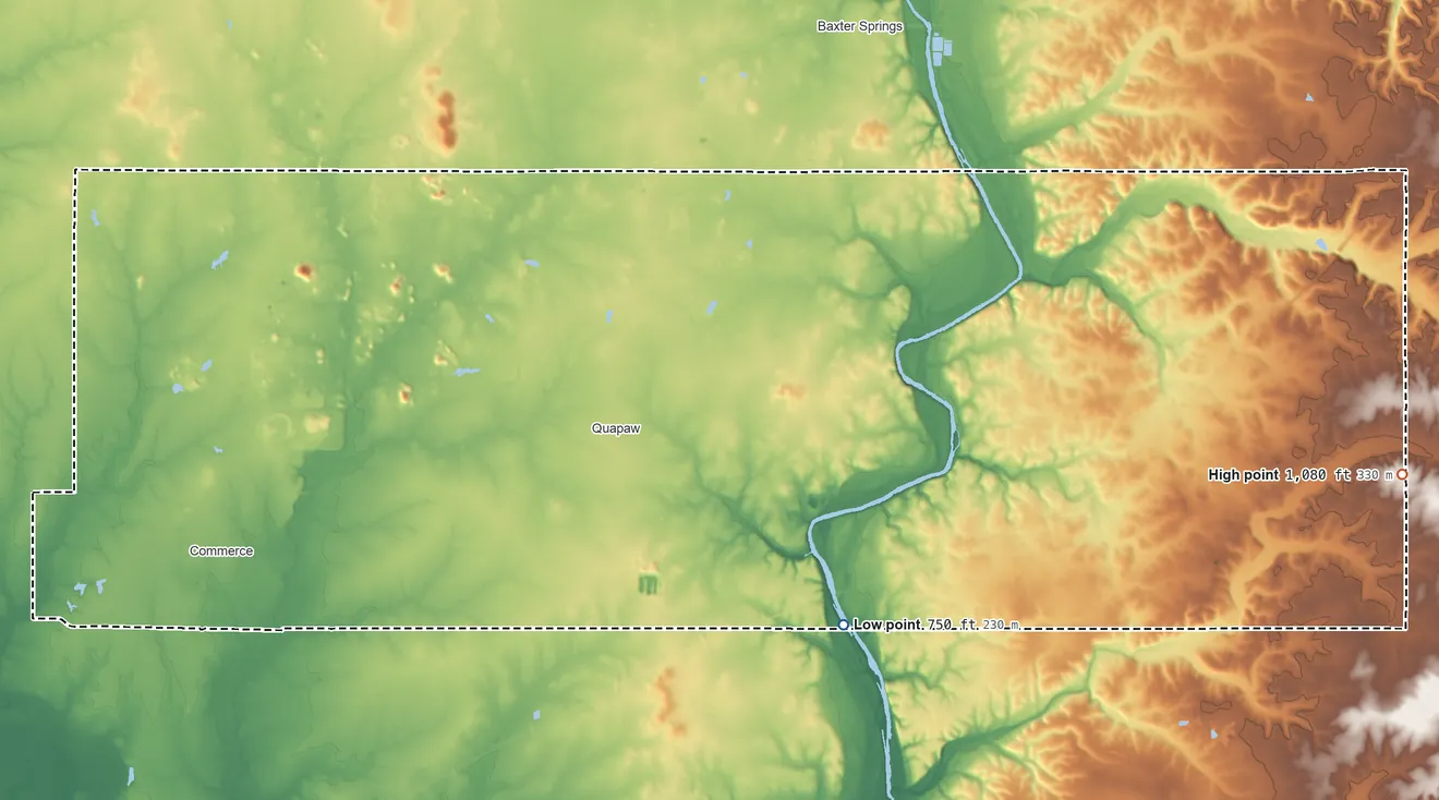 Topographic elevation map of Quapaw OTSA, Oklahoma, shaded from 750 ft on the southeast side to 1,080 ft on the east side