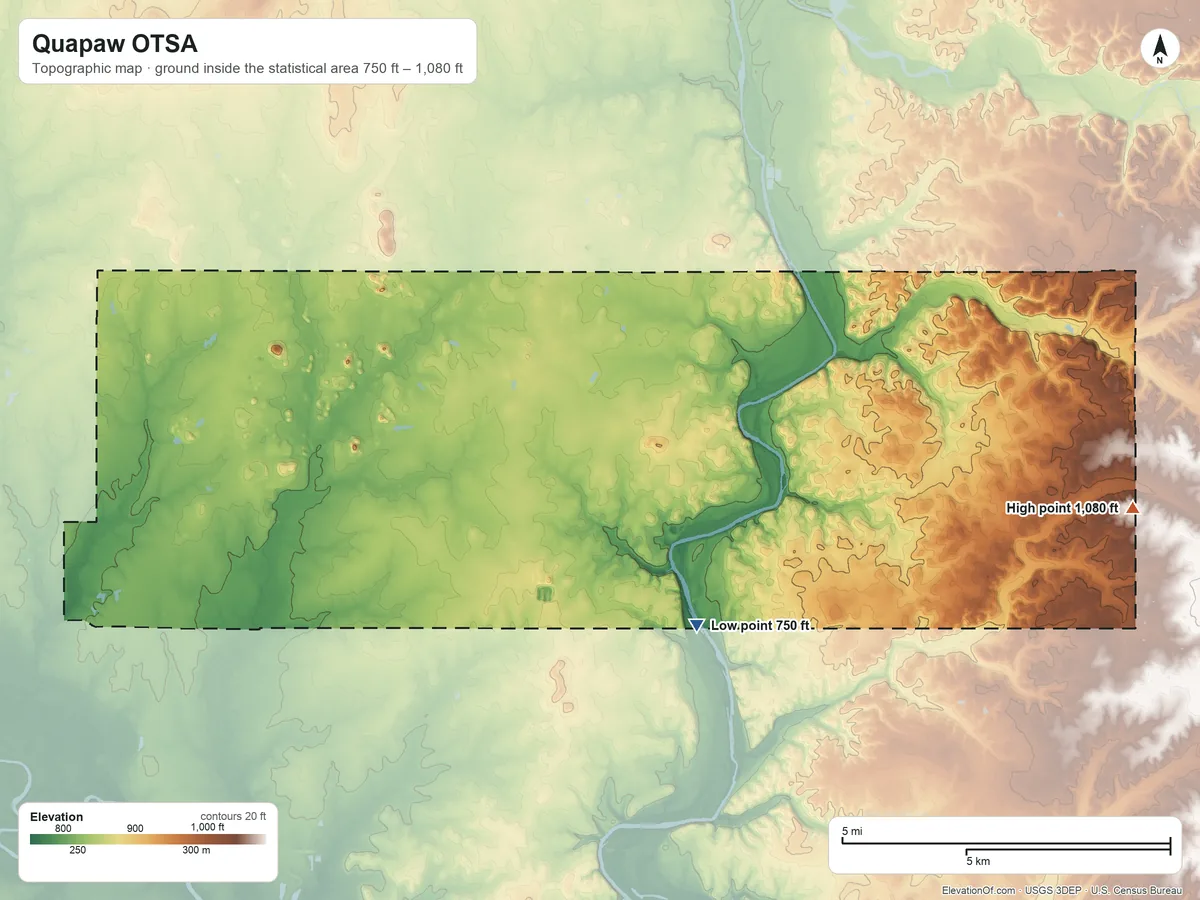 Topographic elevation map of Quapaw OTSA, Oklahoma, shaded from 750 ft on the southeast side to 1,080 ft on the east side