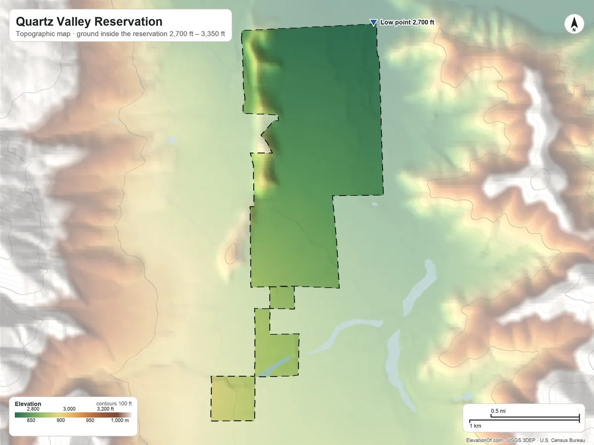 Topographic elevation map of Quartz Valley Reservation, California, shaded from 2,700 ft on the north side to 3,350 ft on the east side