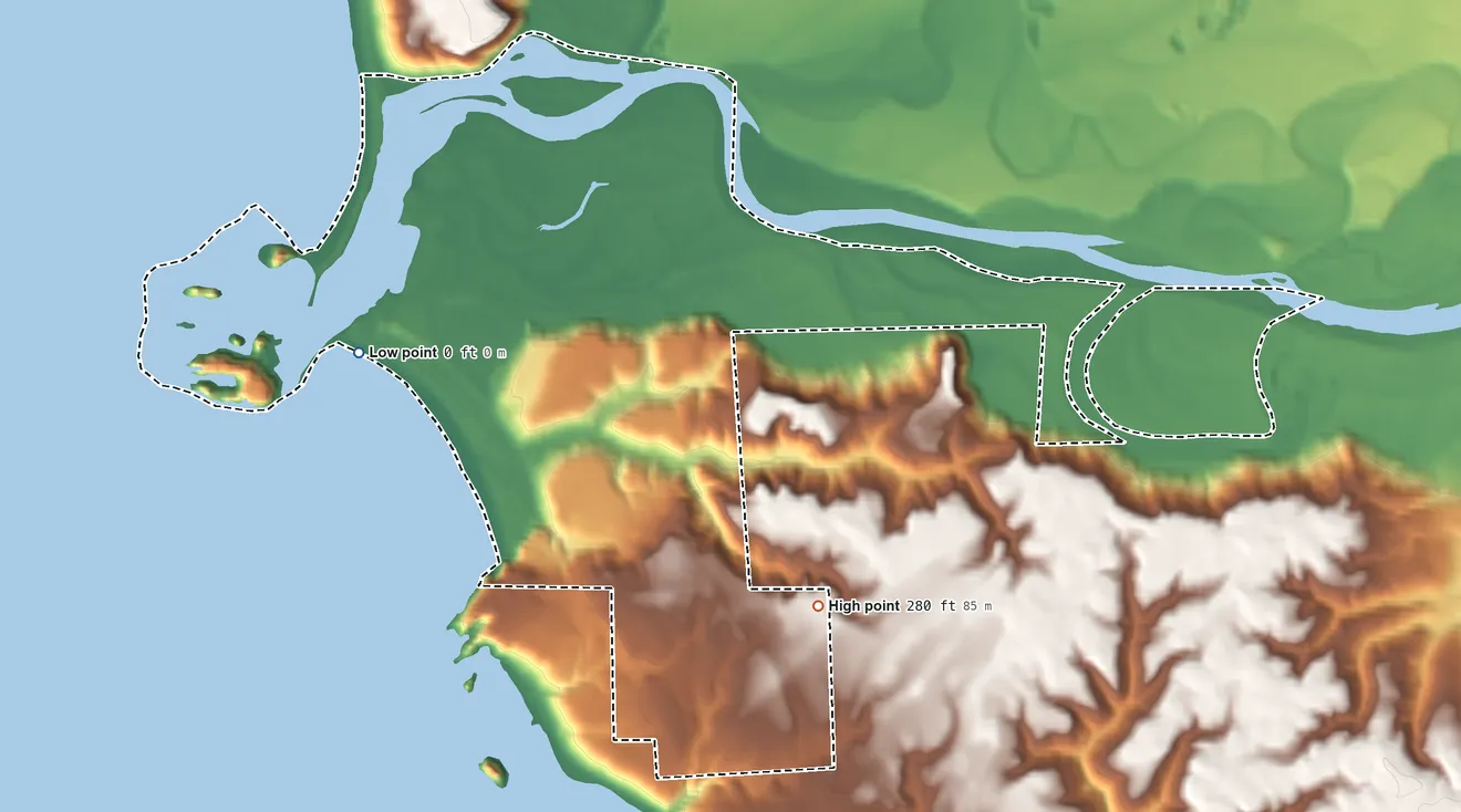 Topographic elevation map of Quileute Reservation, Washington, shaded from sea level on the Pacific Ocean to 280 ft on the southeast side