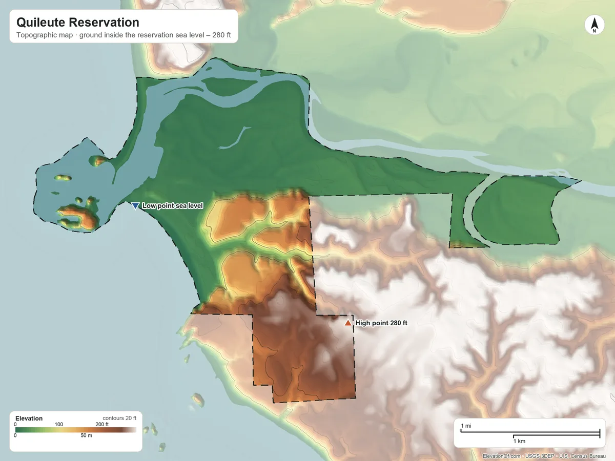Topographic elevation map of Quileute Reservation, Washington, shaded from sea level on the Pacific Ocean to 280 ft on the southeast side