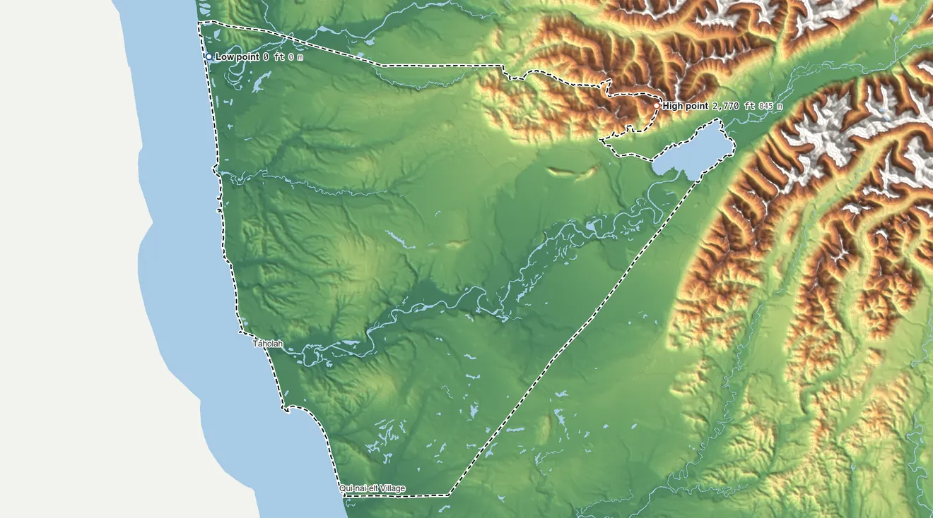 Topographic elevation map of Quinault Reservation, Washington, shaded from sea level on the Pacific Ocean to 2,770 ft on the northeast side